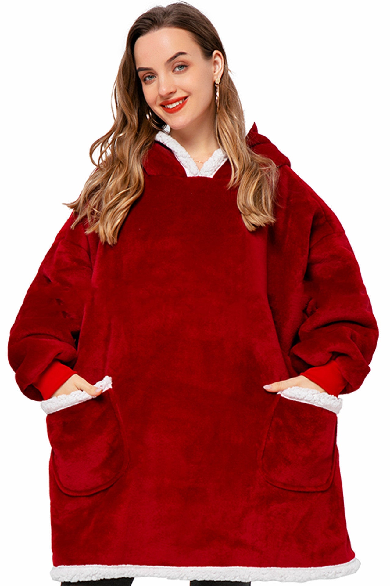 Sarah Express Oversized Wearable Blanket Hoodie with Pockets - Ultra Plush TV Blanket for Women & Men Short wine red One Size