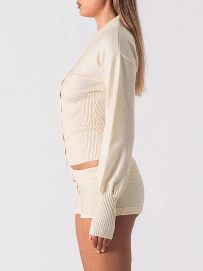 Sarah Express Women's Ribbed Knit Button-Down Cardigan and Shorts Sweater Set