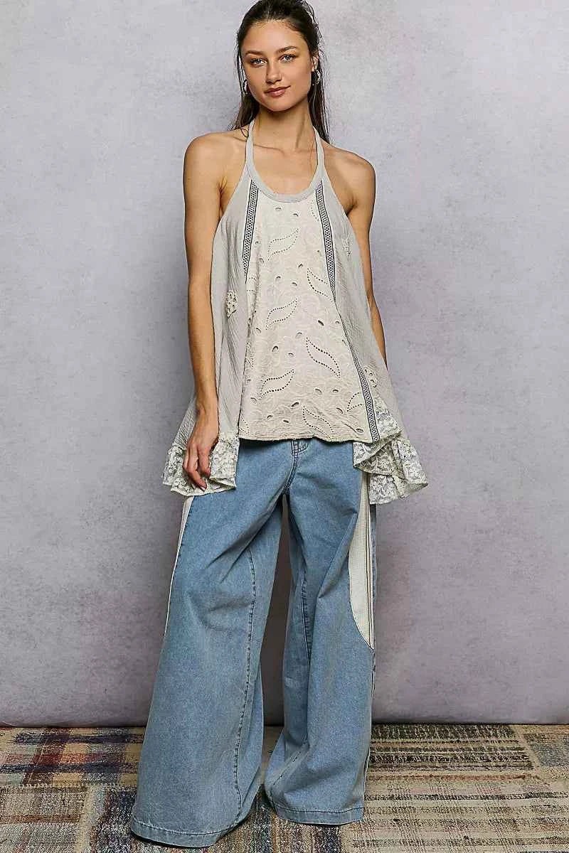 Sarah Express Women's Lace Ruffle Halter Neck Top - Double Gauze Crochet Patch Sleeveless Blouse