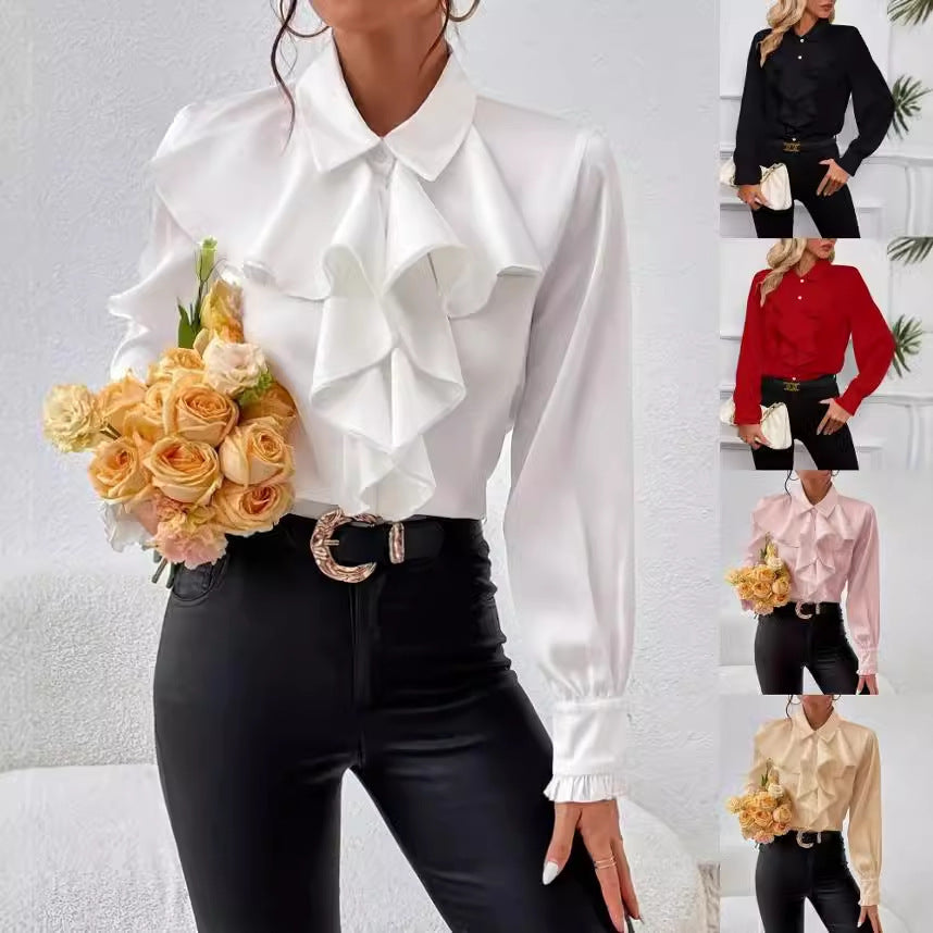 Sarah Express Women's Ruffled Long Sleeve Blouse Professional Work Shirt