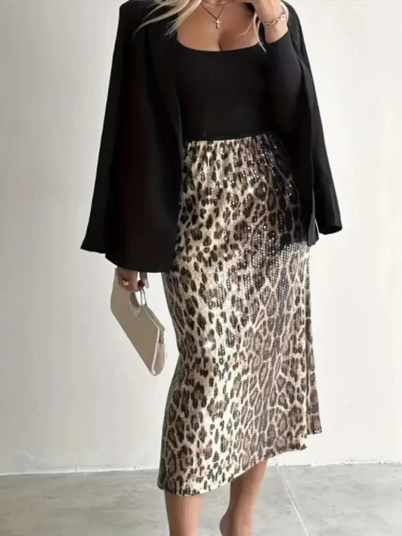 Sarah Express Women's Sequin Leopard Midi Skirt