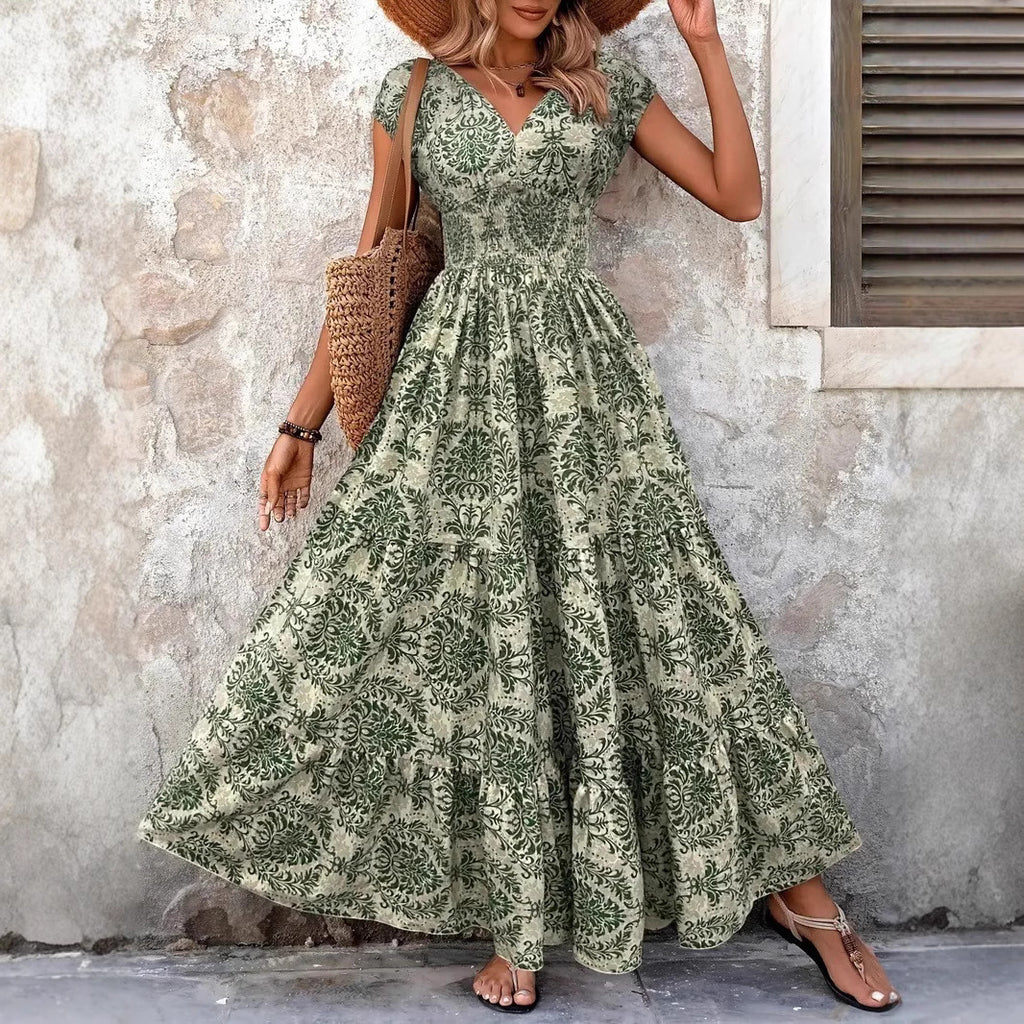 Women's V-Neck Puff Sleeve High Waist Maxi Dress with Flowing Hem