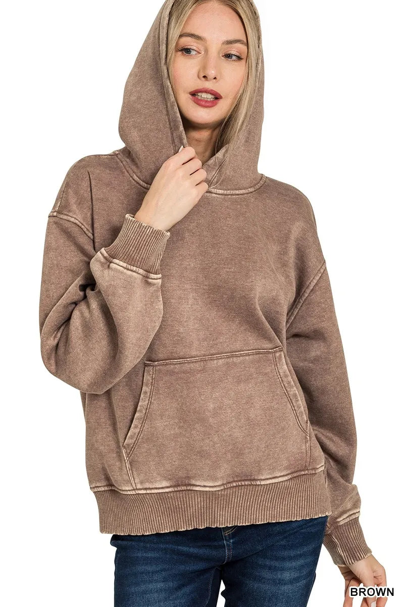Sarah Express Women's Fleece Acid Wash Kangaroo Pocket Hoodie BROWN