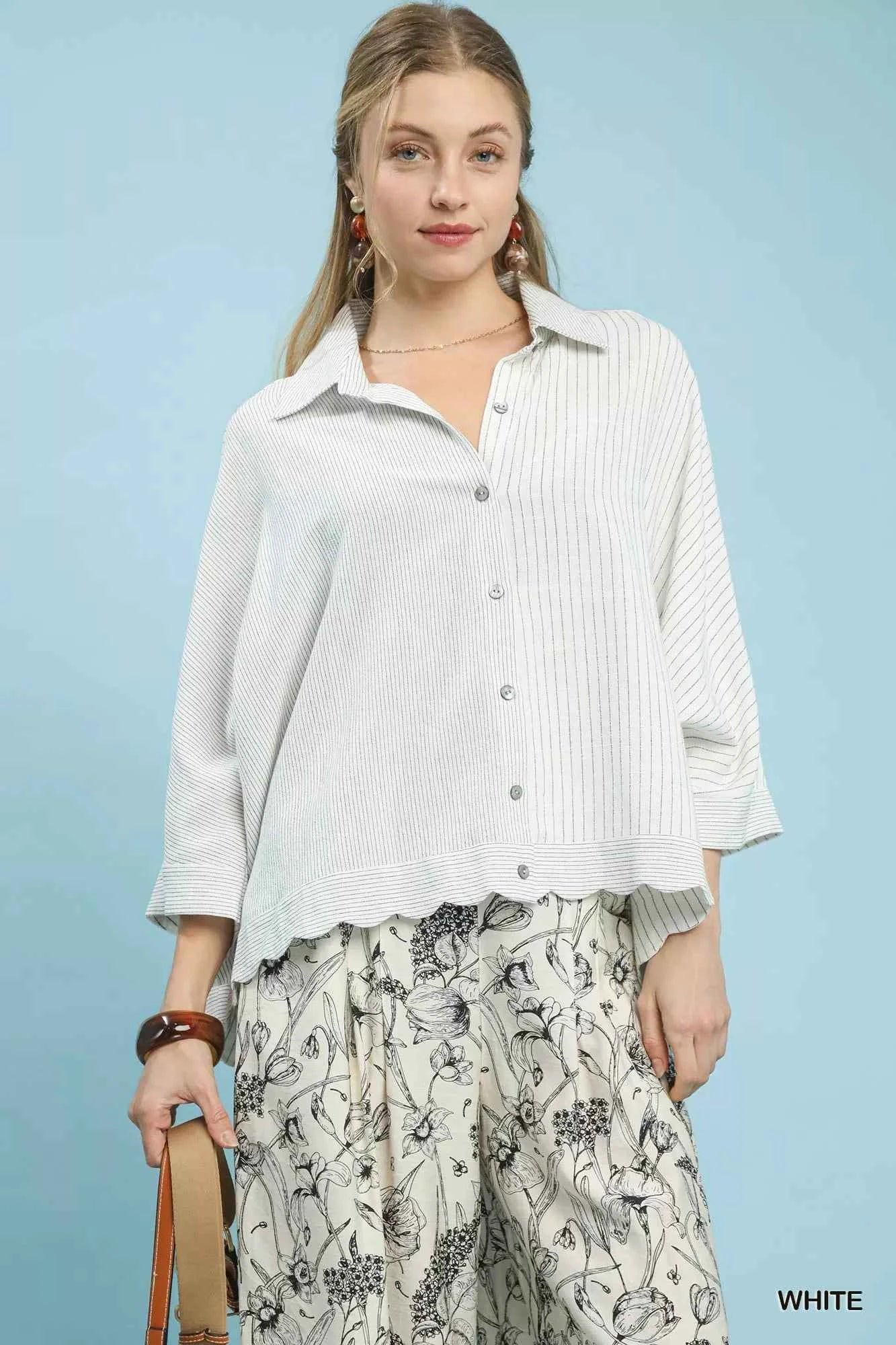 Sarah Express Women's Oversized Striped Button-Down Shirt - Casual Long Sleeve Top WHITE