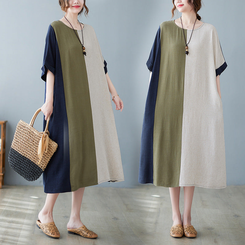 Sarah Express Women's Cotton Linen Contrast Paneled Dress Loose Fit Half Sleeve Midi Literary Style
