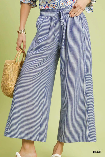 Sarah Express Women's Linen Blend Striped Wide Leg Pants - High Waisted Cropped Palazzo Pants BLUE