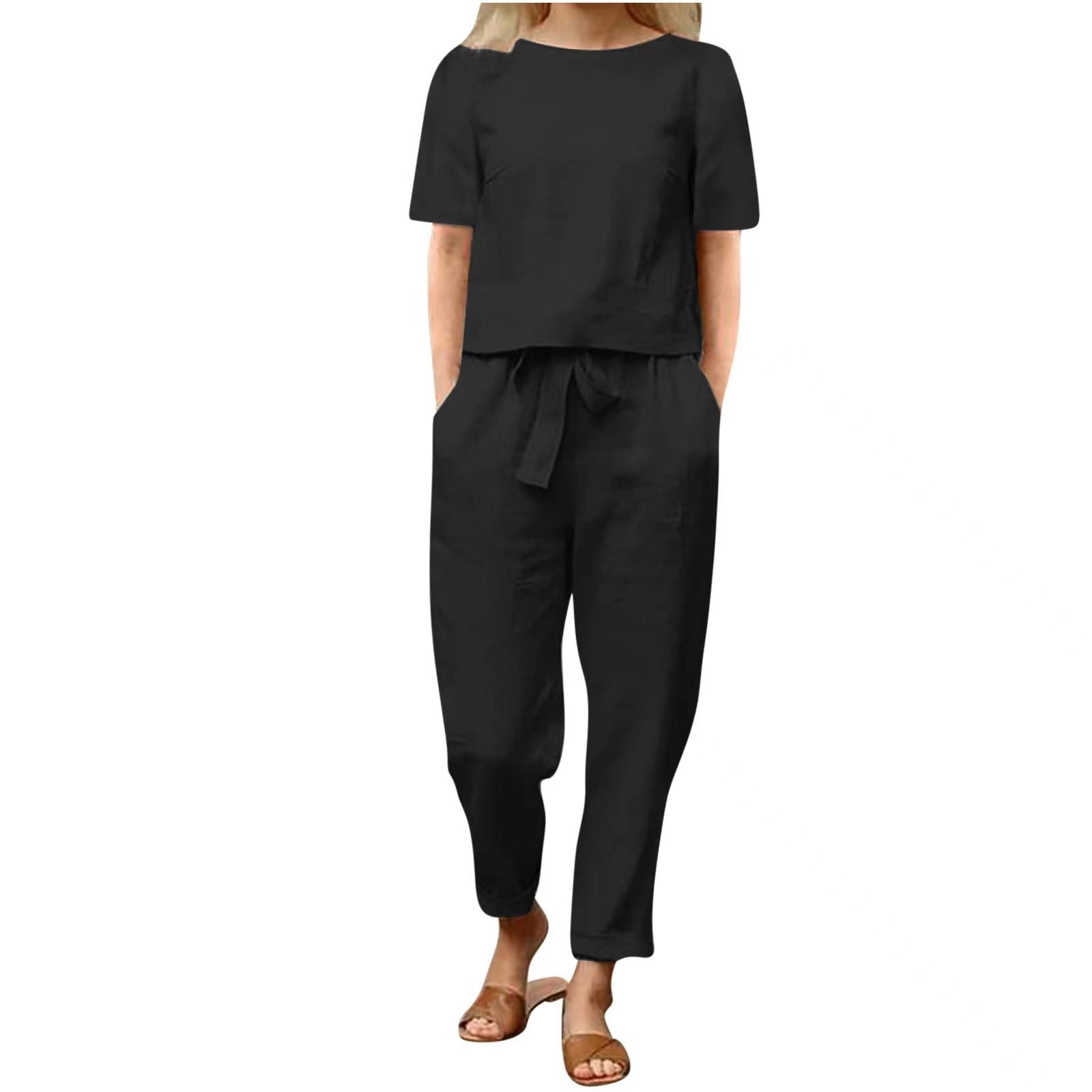 Sarah Express Women's Cotton Linen Top and Wide-Leg Pants Two-Piece Casual Set