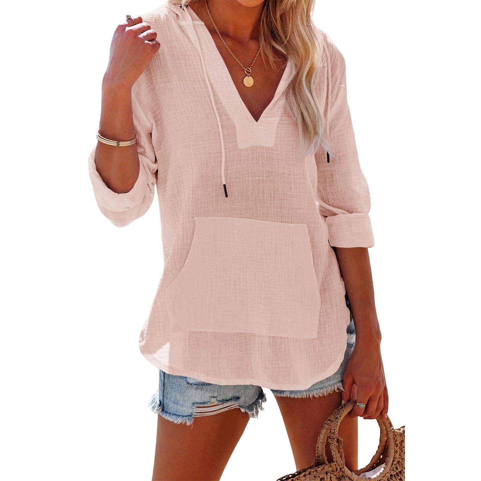 Sarah Express Women's V-Neck Hooded Shirt Long Sleeve Pockets Loose Fit