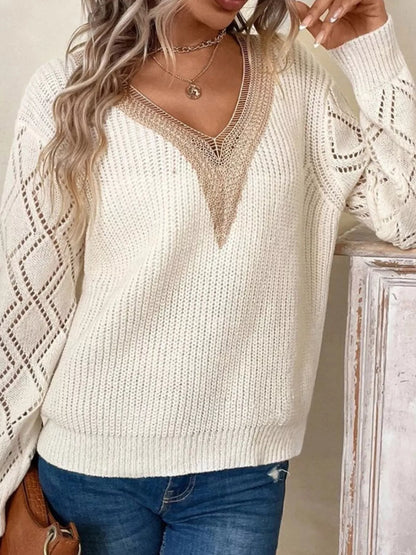 Sarah Express Women's V-Neck Openwork Sweater