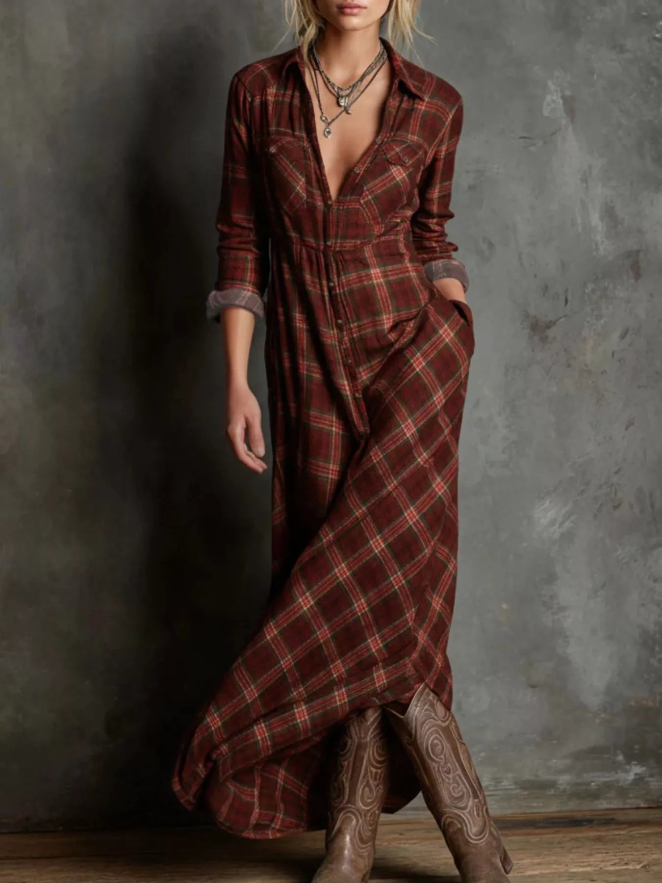 Sarah Express Women's Plaid Button Down Maxi Dress Plus Size Long Sleeve Shirt Dress Burgundy