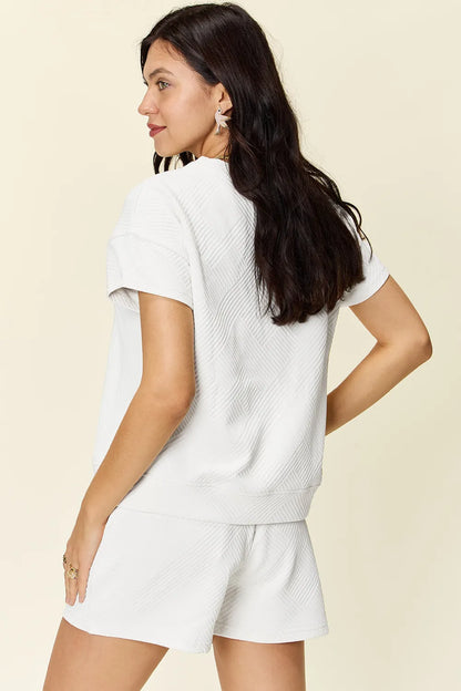 Sarah Express Women's Textured Short Sleeve T-Shirt and Drawstring Shorts Set