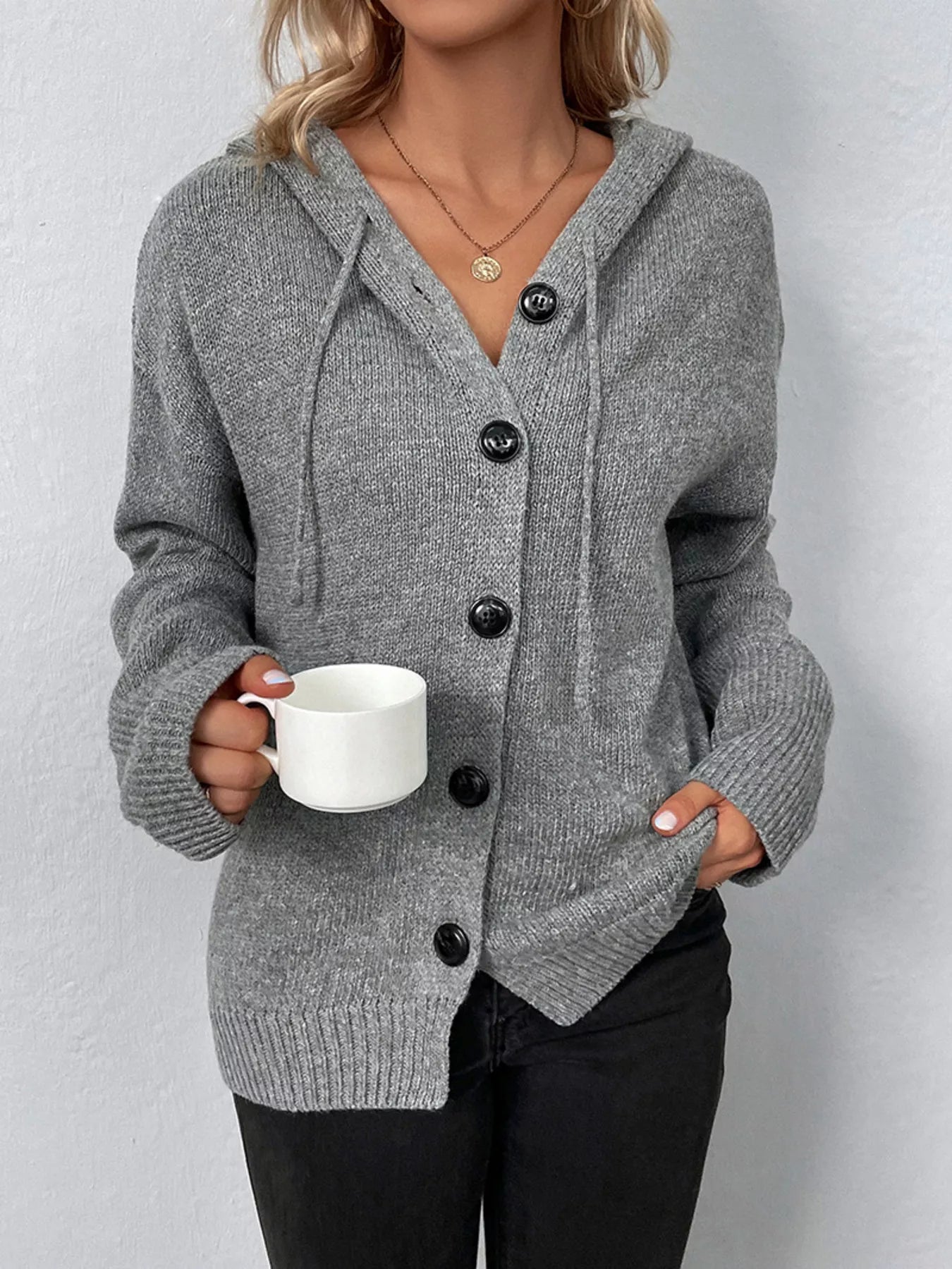 Sarah Express Women's Cozy Knit Hooded Button-Down Cardigan