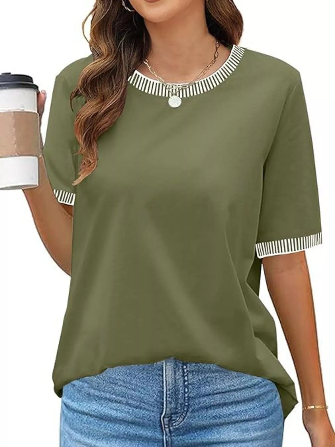 Sarah Express Women's Striped Trim Casual T-Shirt - Relaxed Fit Short Sleeve Top Army Green