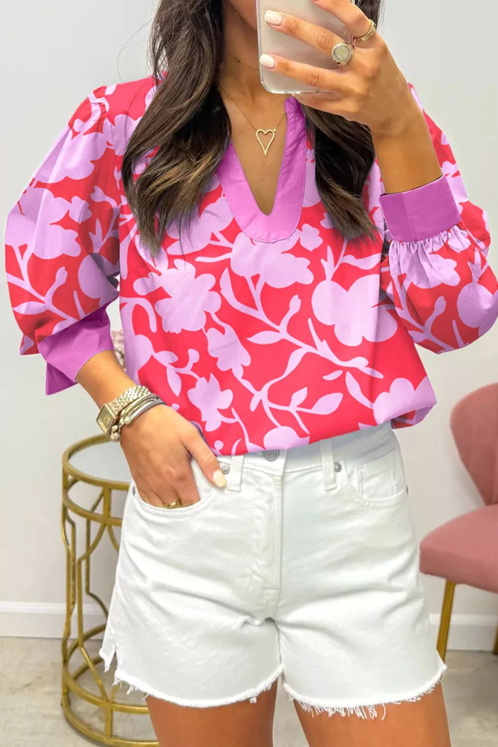 Sarah Express Women's Printed Notched Long Sleeve Blouse Hot Pink