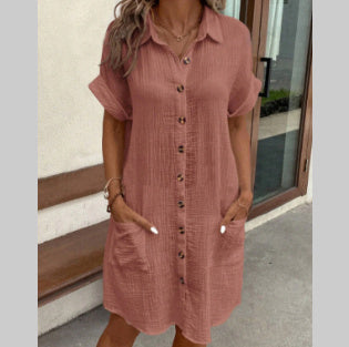Women's Button-Front Shirt Dress Short Sleeve Mid-Length Loose Fit