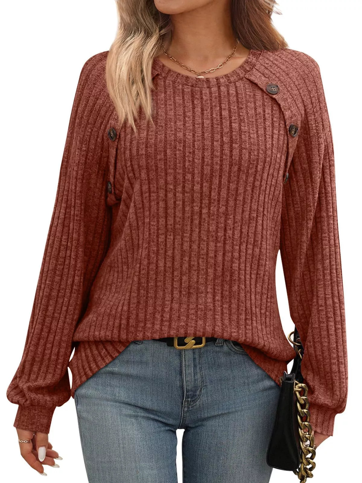 Sarah Express Women's Ribbed Knit Decor Button Long Sleeve T-Shirt Brick Red