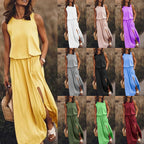 Sarah Express Women's Sleeveless Round Neck Dress with Side Split Solid Color