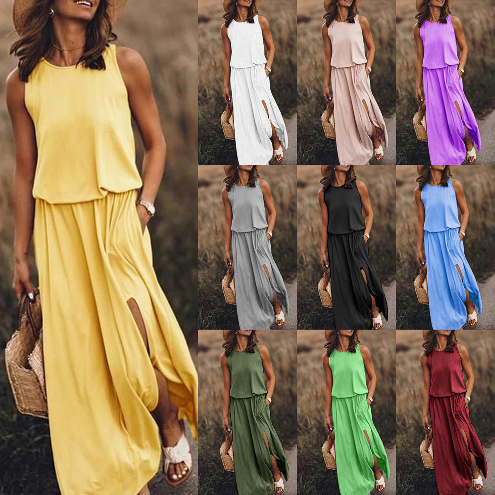 Sarah Express Women's Sleeveless Round Neck Dress with Side Split Solid Color