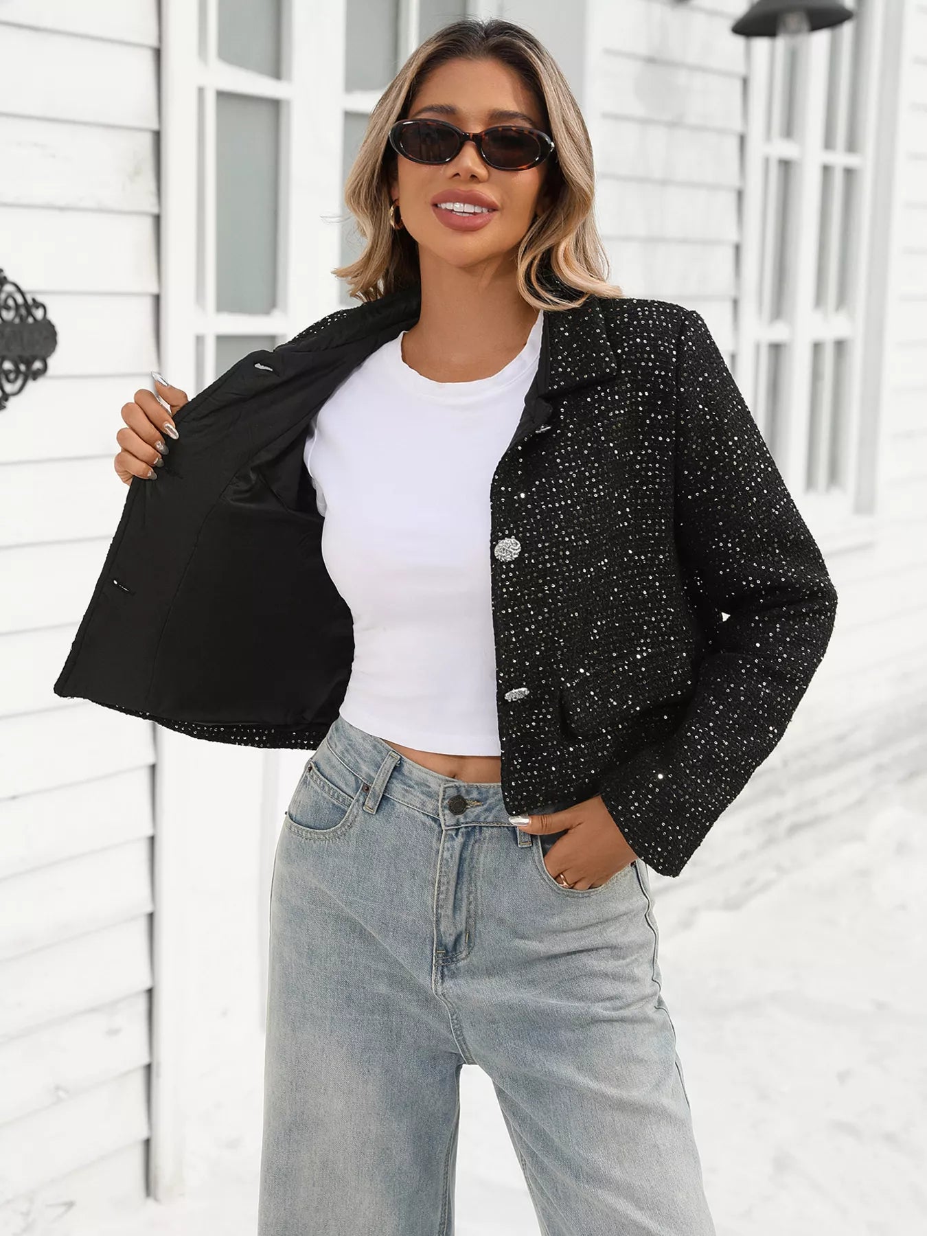 Sarah Express Women's Tweed Button Up Cropped Jacket