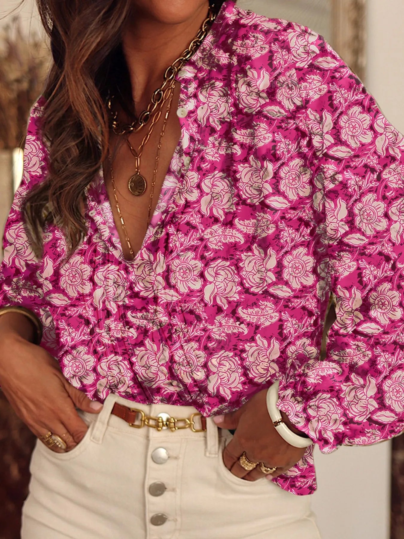 Sarah Express Women's Floral Print Split Neck Pleated Long Sleeve Blouse Pink