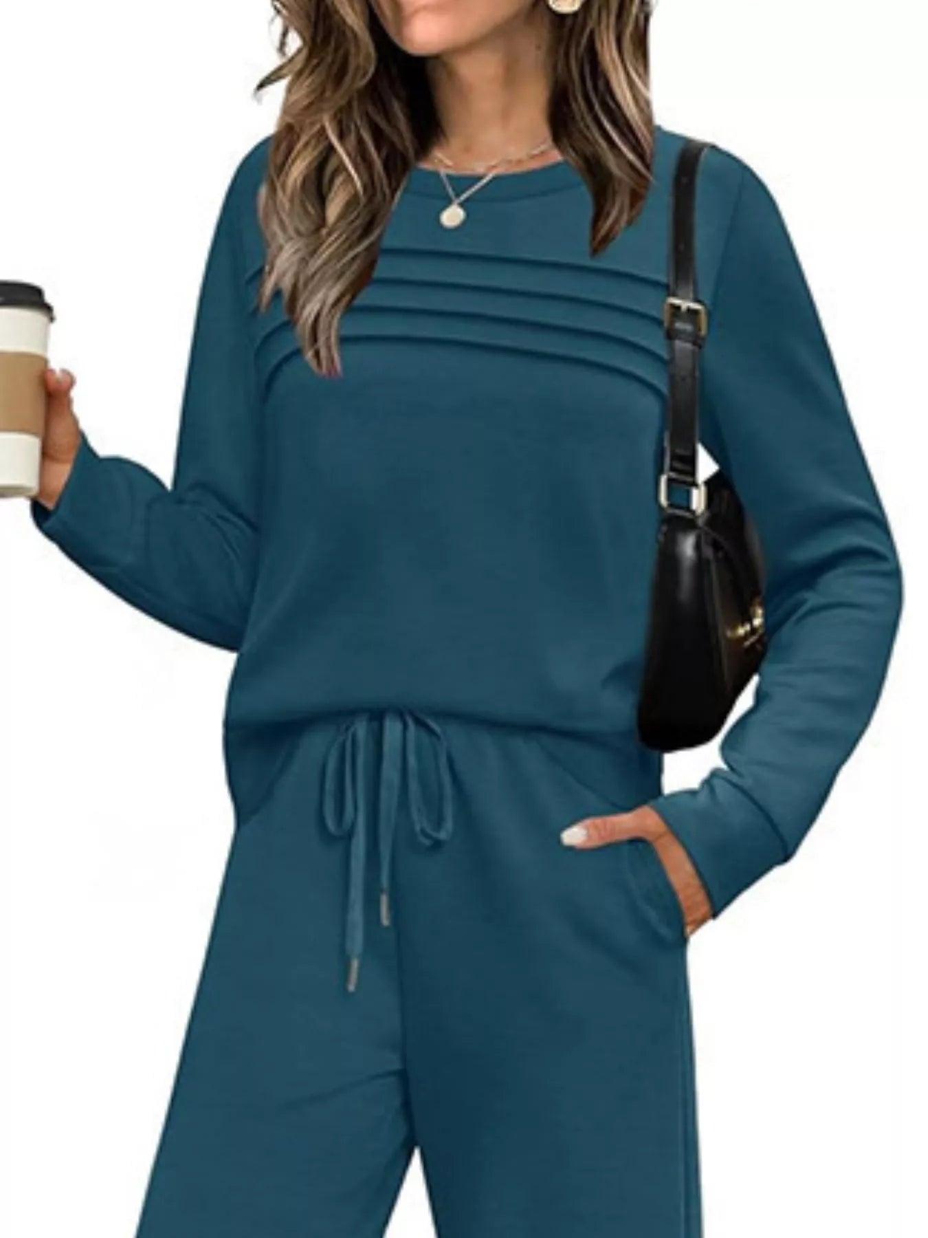 Sarah Express Women's Plus Size Round Neck Long Sleeve Top and Pants Lounge Set - Two Piece