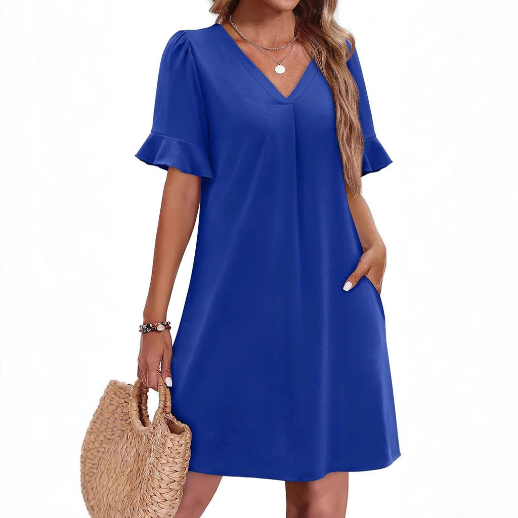 Sarah Express Women's V-Neck Ruffled A-Line Dress with Pockets Vacation Casual Short Sleeve