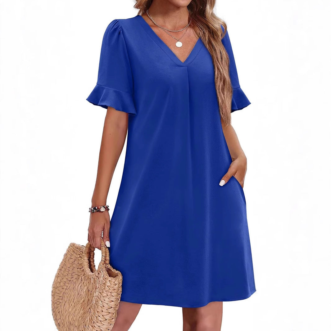 Sarah Express Women's V-Neck Ruffled A-Line Dress with Pockets Vacation Casual Short Sleeve