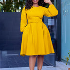 Women's Long Sleeve Belted Swing Dress - Elegant High Waist Mid-Length Dress