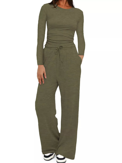 Sarah Express Women's Round Neck Long Sleeve Top and Pants Set Army Green