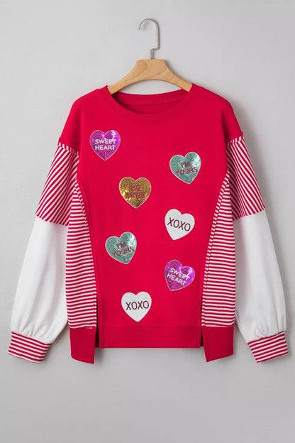 Sarah Express Women's Valentines Day Sequin Heart Striped Color Block Patchwork Sweatshirt
