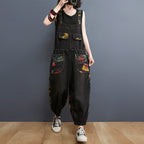 Sarah Express Floral Print Denim Overalls Plus Size Suspender Jeans Cropped