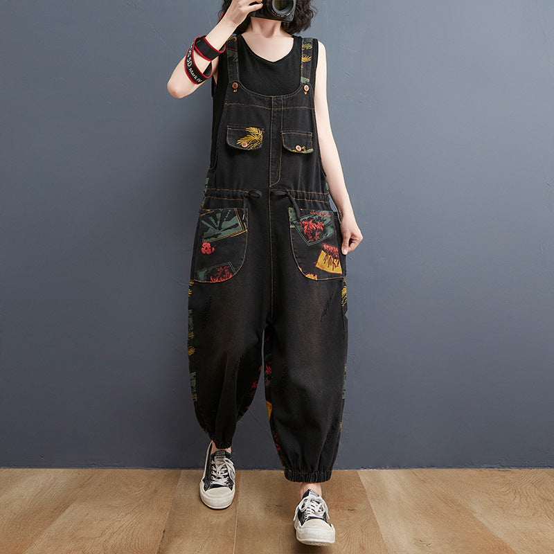 Sarah Express Floral Print Denim Overalls Plus Size Suspender Jeans Cropped