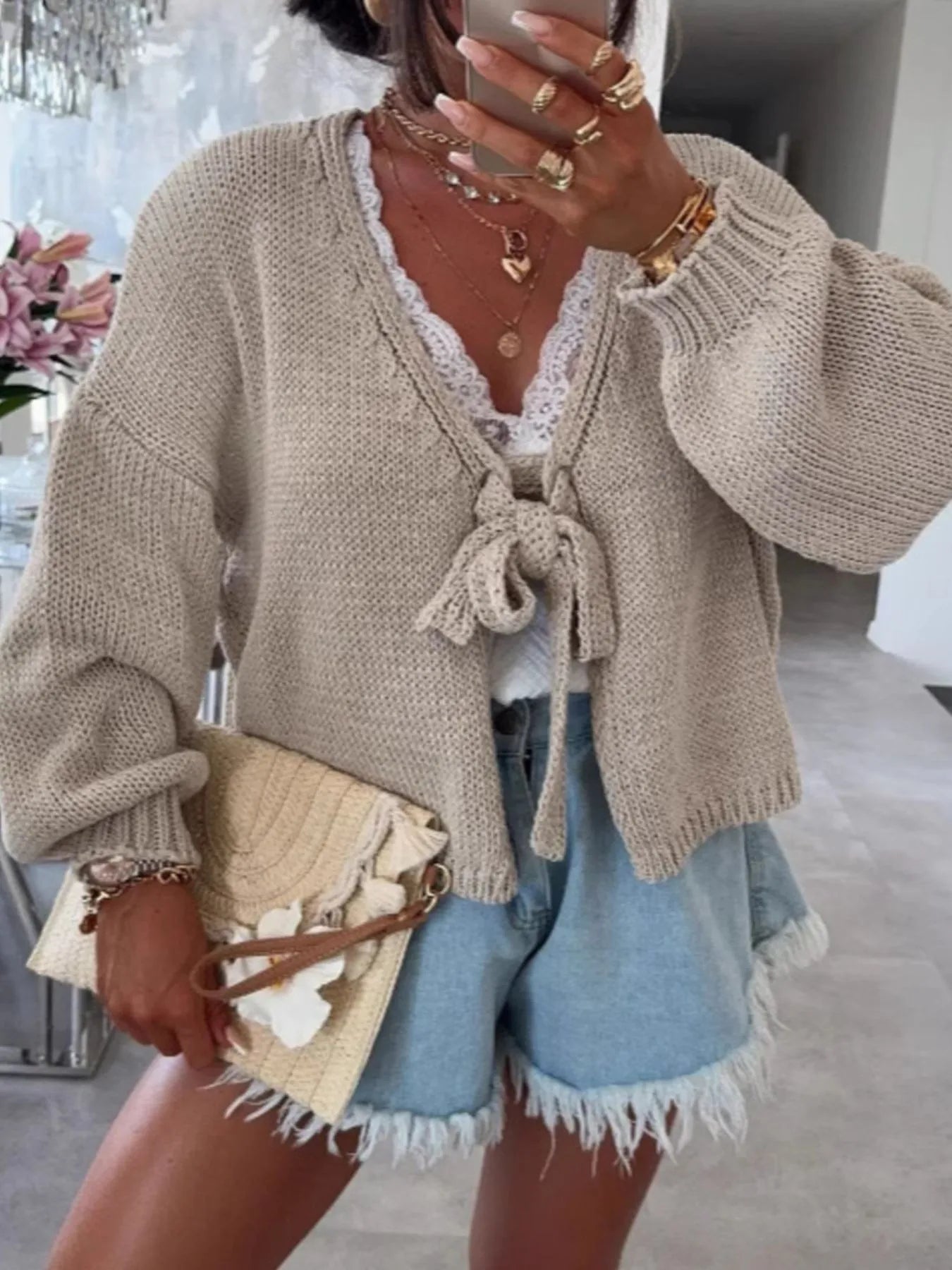 Sarah Express Women's Tied Drop Shoulder Cardigan Light Card