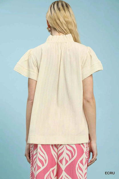 Sarah Express Women's Textured Flutter Sleeve Blouse with Notched V-Neck