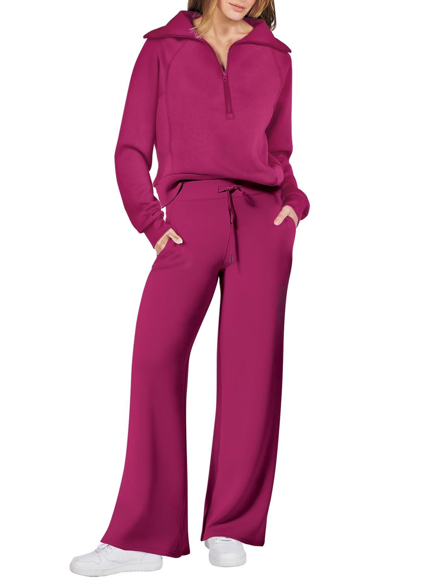 Sarah Express Women's Long Sleeve Zipper Sweatshirt and Wide-Leg Pants Athleisure Set