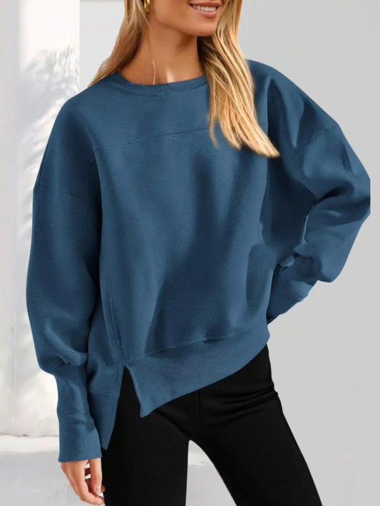 Sarah Express Women's Casual Loose Side Slit Sweatshirt Dark Blue