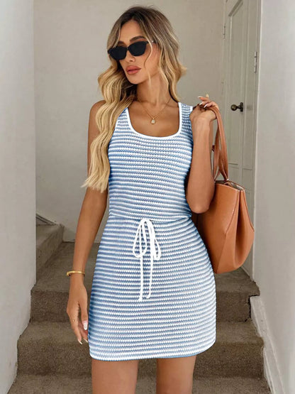 Sarah Express Women's Striped Knitted Mini Dress with Drawstring