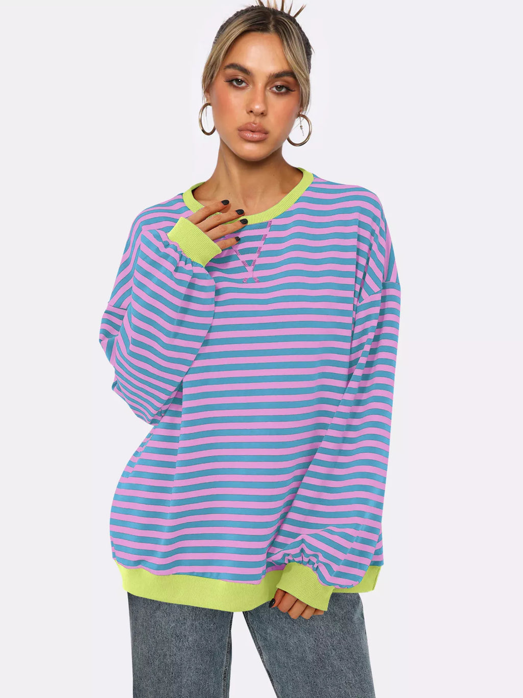 Sarah Express Women's Striped Round Neck Long Sleeve Sweatshirt