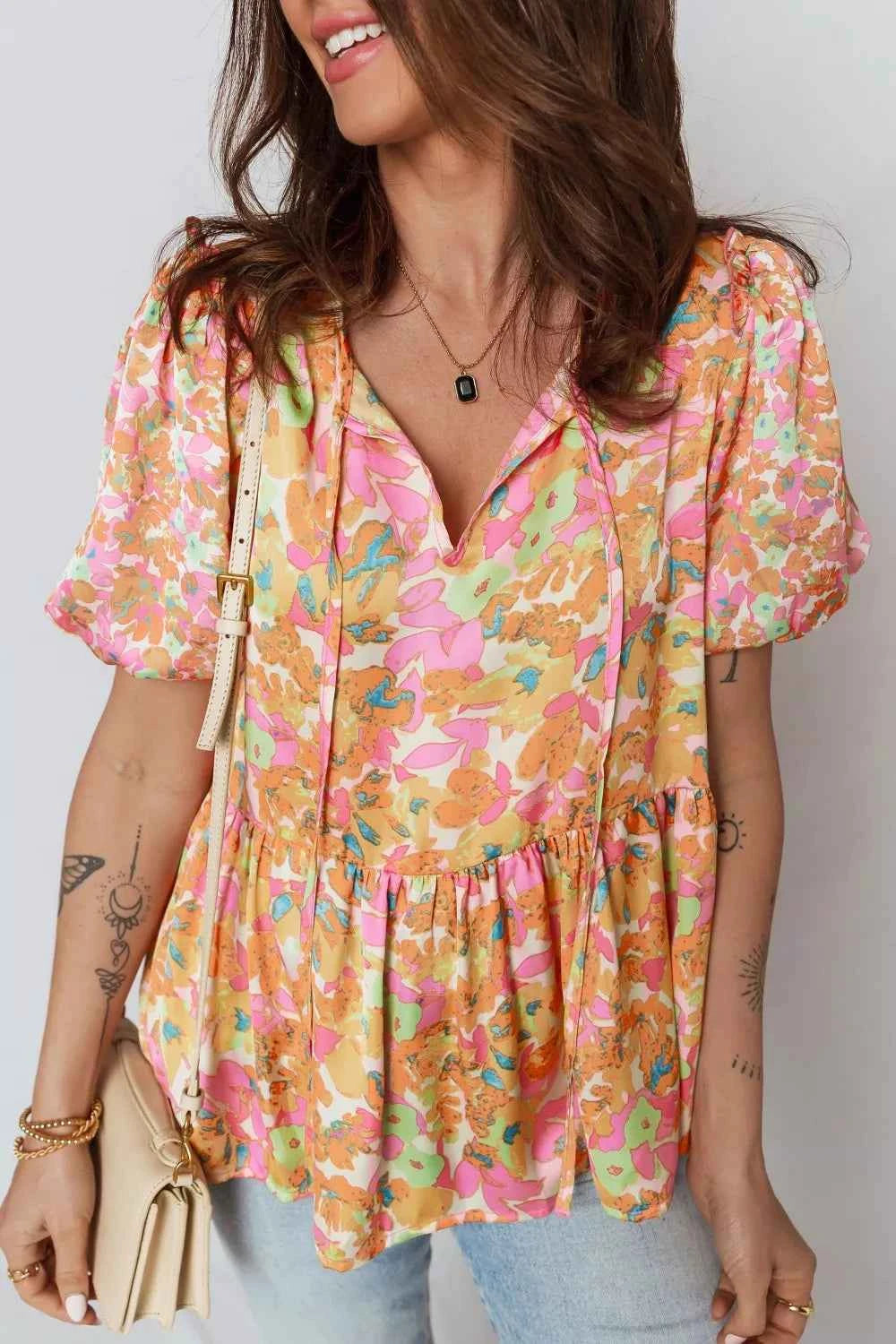 Sarah Express Women's Floral Ruffle Blouse Short Sleeve V-Neck Top Sherbet