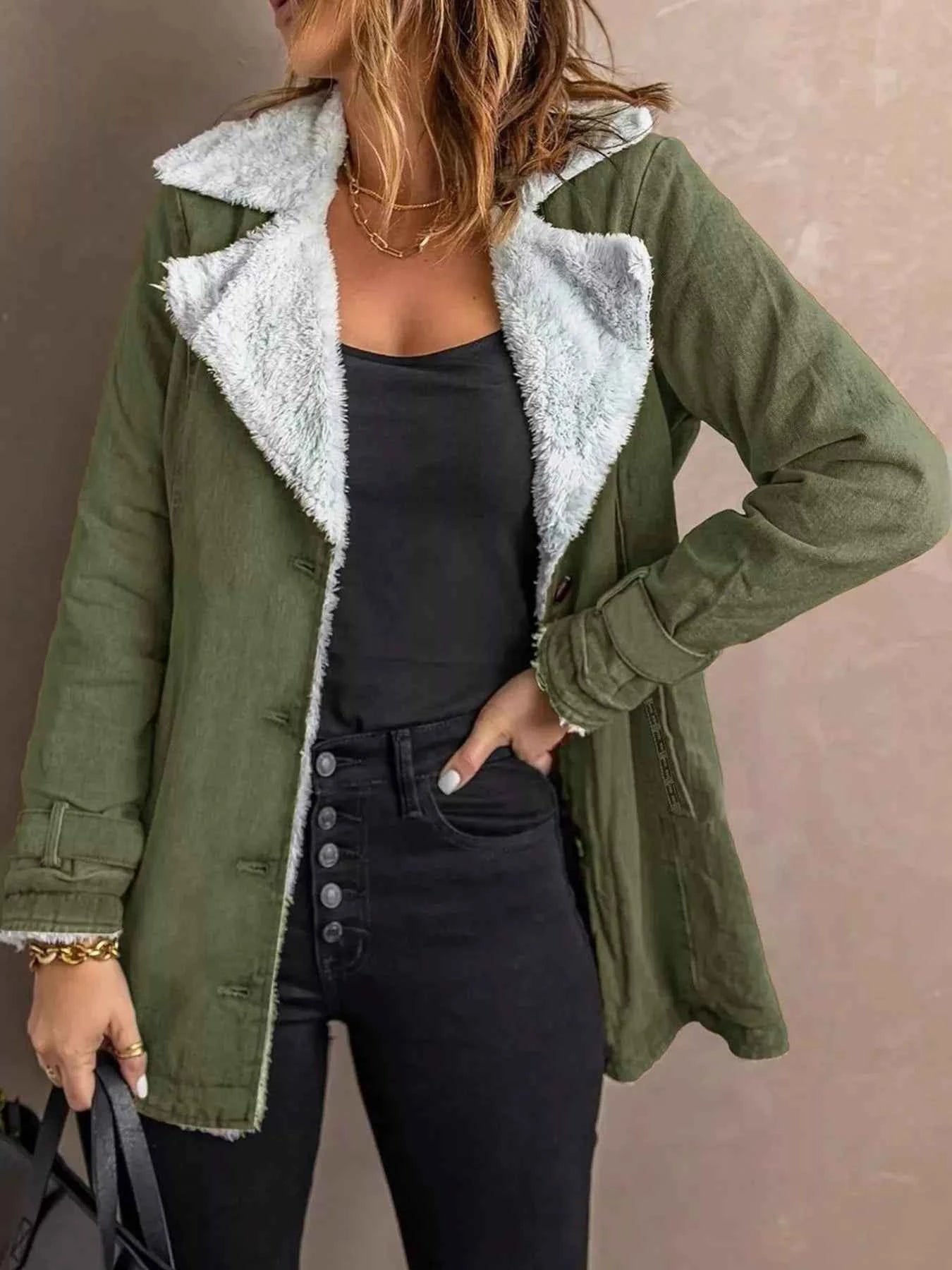 Sarah Express Women's Sherpa Lined Button Up Jacket - Cozy Fleece Outerwear Plus Size Army Green