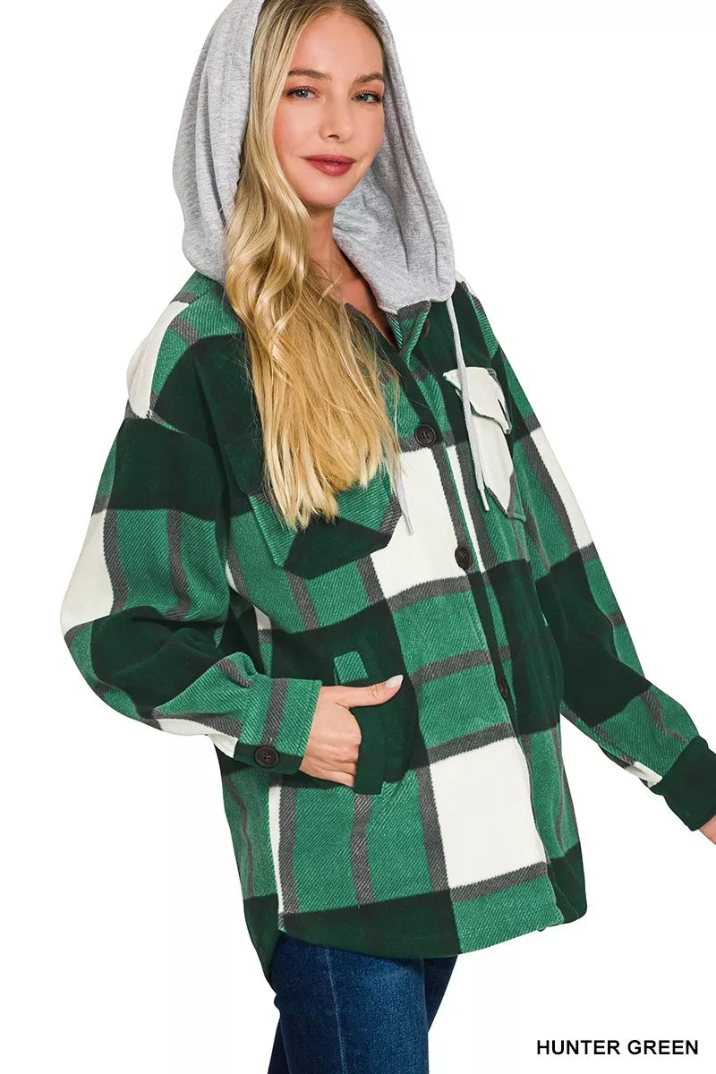Sarah Express Women's Plaid Drawstring Hooded Fleece Shacket