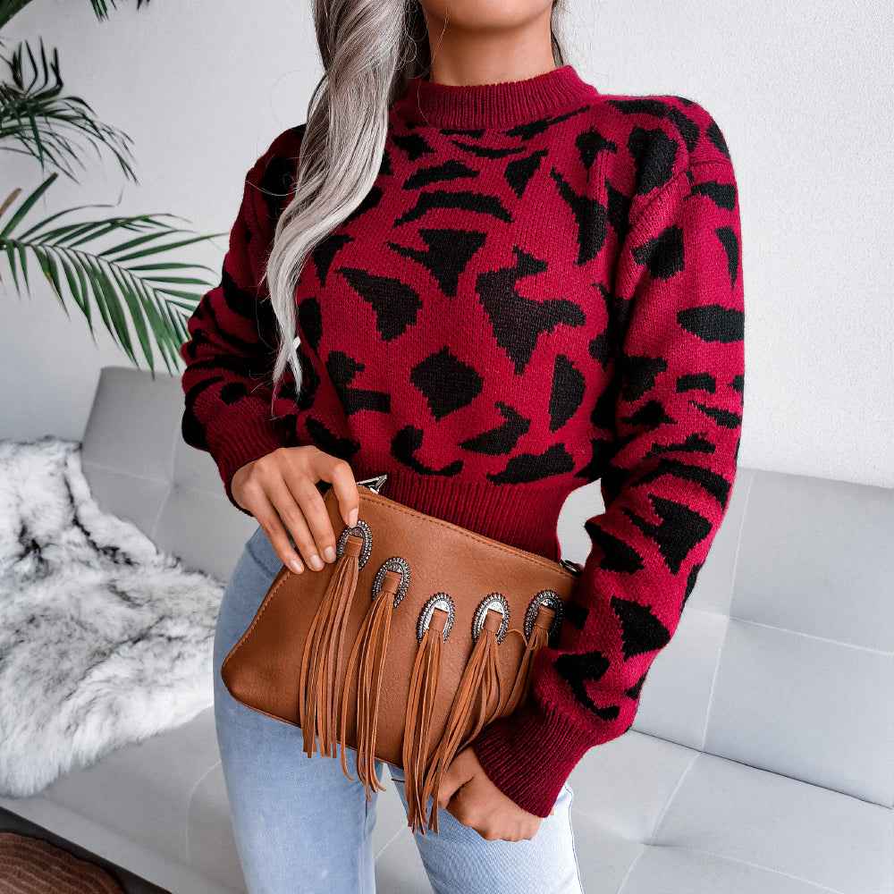 Sarah Express Women's Leopard Print Cropped Sweater - Cinched Knit Long Sleeve Top