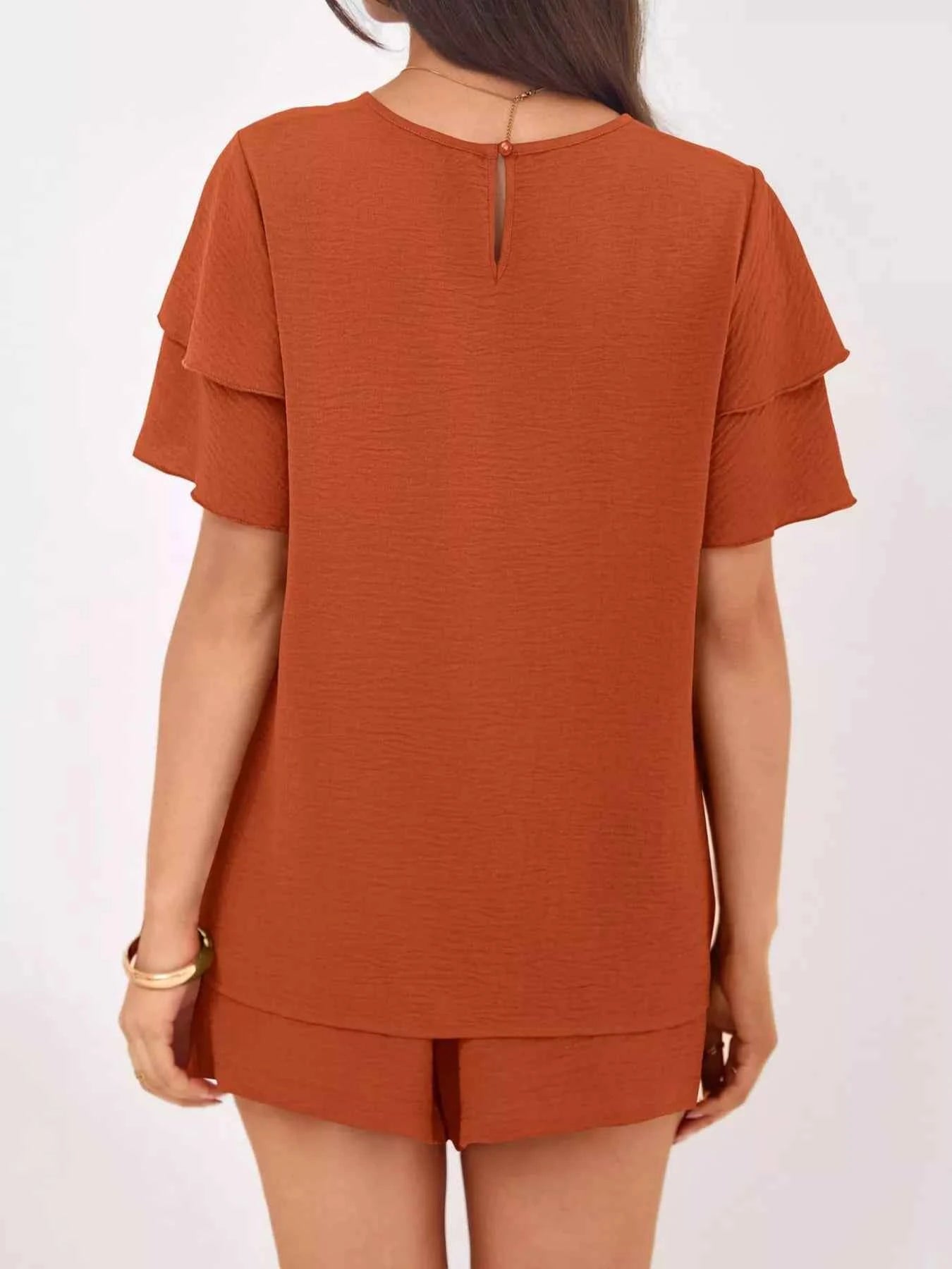 Sarah Express Women's Ruffle Sleeve Top and Shorts Two-Piece Set - Casual Summer Outfit