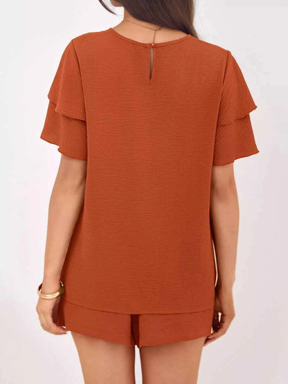 Sarah Express Women's Ruffle Sleeve Top and Shorts Two-Piece Set - Casual Summer Outfit