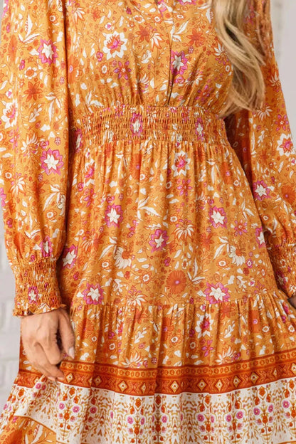 Sarah Express Floral Print Smocked Waist Long Sleeve Maxi Dress