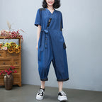 Sarah Express Drawstring Denim-Style Jumpsuit Wide Leg Cropped One Size