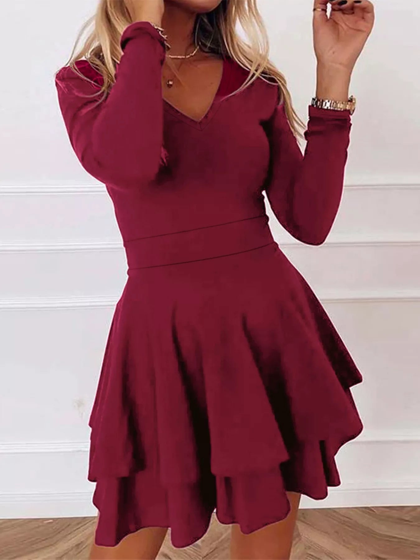 Sarah Express Women's V-Neck Layered Ruffle Mini Dress Burgundy