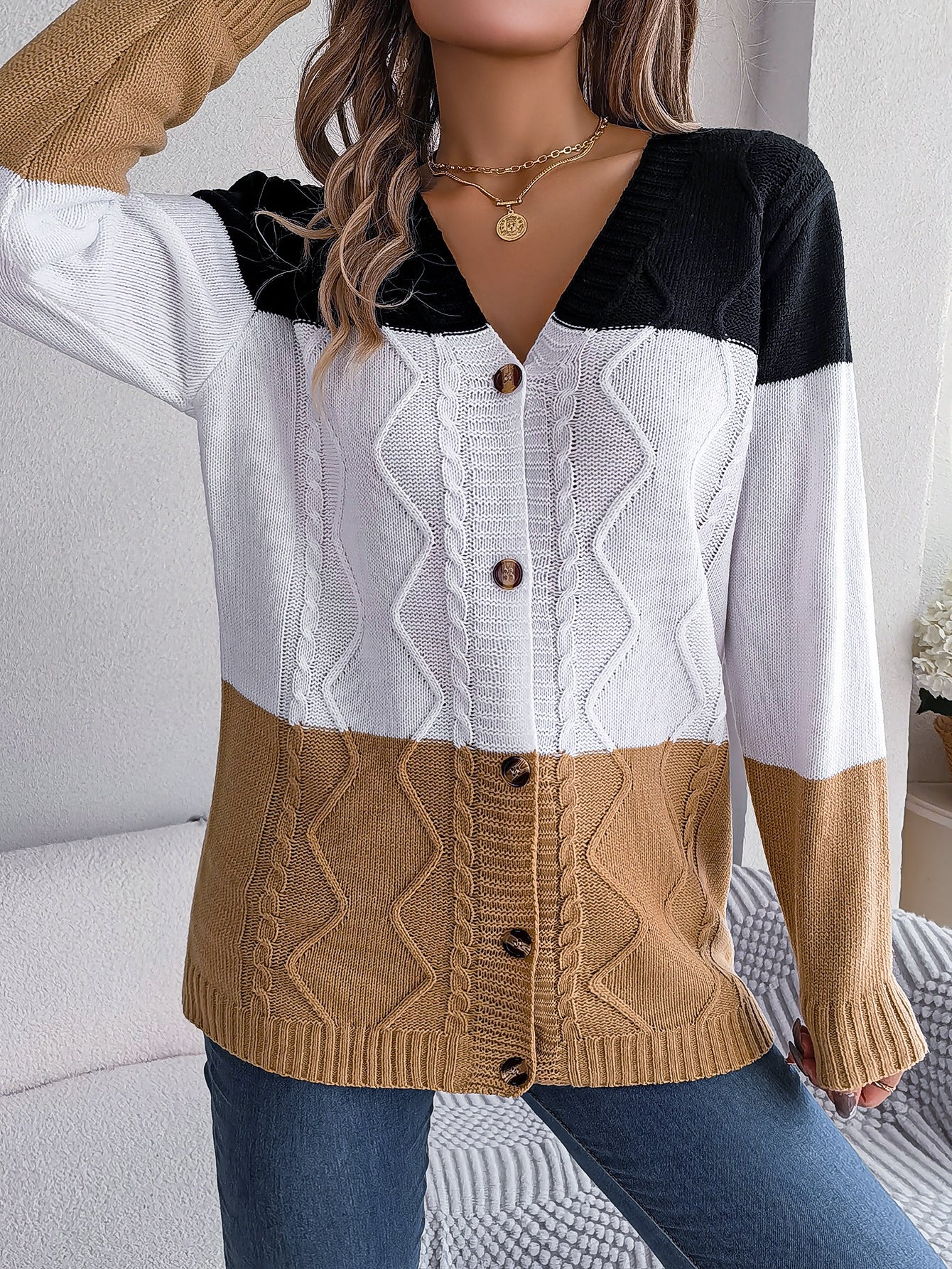 Sarah Express Women's Contrast Color Block Button Long Sleeve Sweater Loose Fit Acrylic Knit