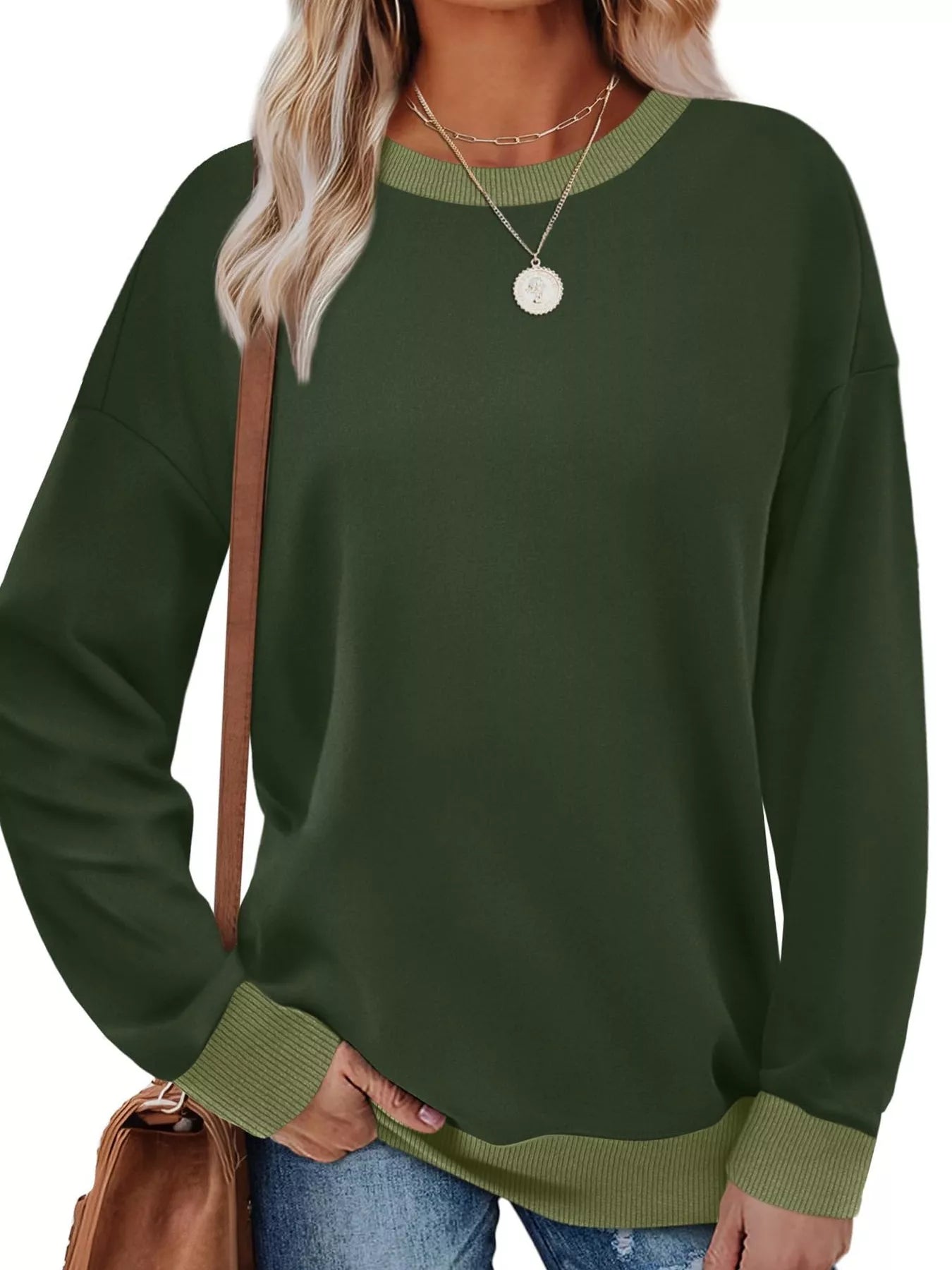 Sarah Express Women's Contrast Trim Crew Neck Casual Sweatshirt Green