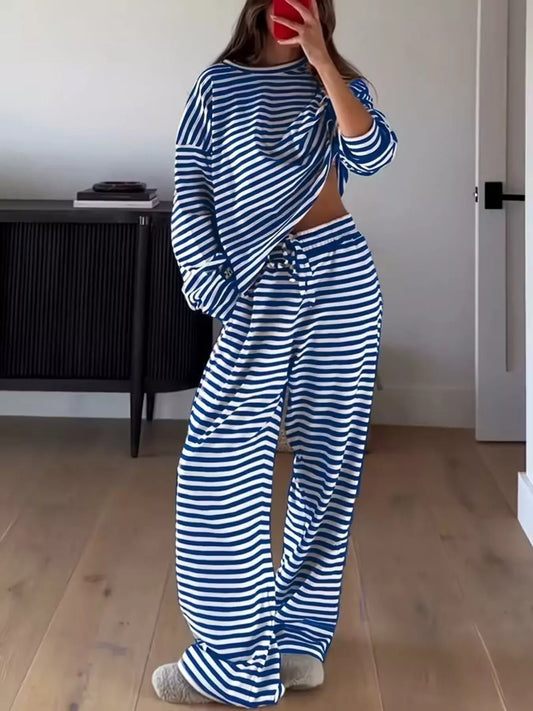 Sarah Express Women's Striped Long Sleeve Top and Pants Lounge Set Blue